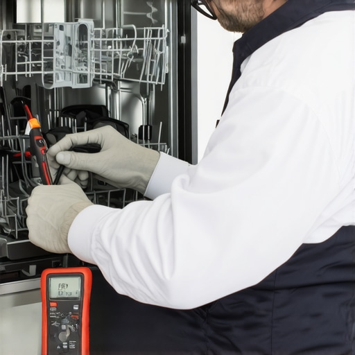 A person using a digital multimeter and laser thermometer to check dishwasher components.