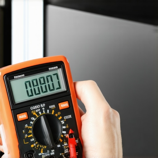 Hand holding a digital multimeter testing an appliance control panel