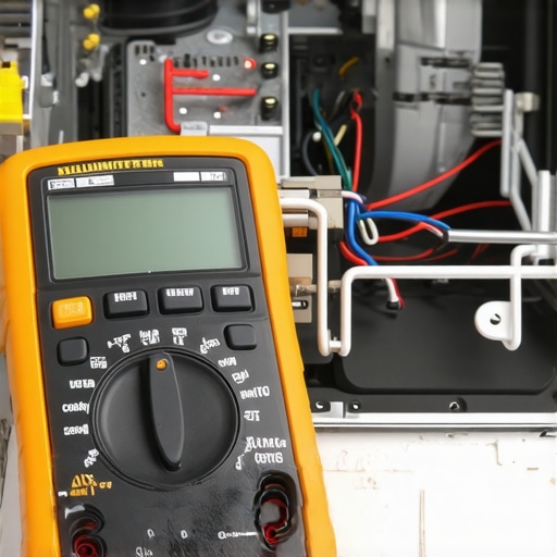 A technician testing a dishwasher's heating element with a digital multimeter.