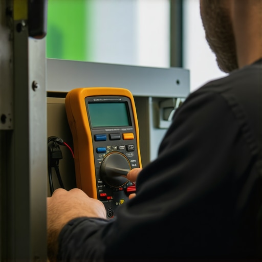 Technician testing an appliance control board with a multimeter in a workshop.