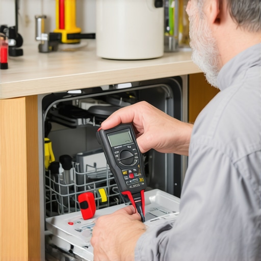 A person testing a dishwasher's electrical component with a multimeter at a workbench.