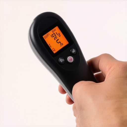Person measuring bathtub surface temperature with infrared thermometer.