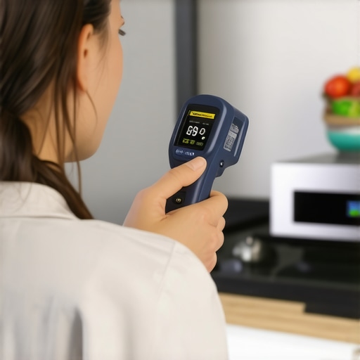 Close-up of a hand holding an infrared thermometer pointed at a dishwasher in a modern kitchen.