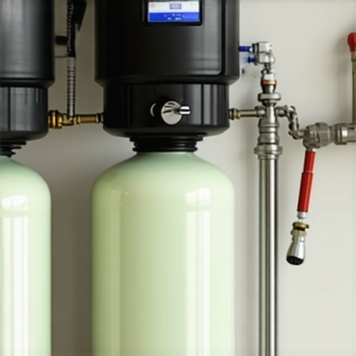 A professional installing a water softener system in a kitchen