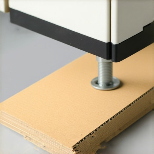 Close-up of adjustable dishwasher feet with cardboard shim during leveling