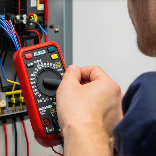 Technician using multimeter to diagnose appliance issue