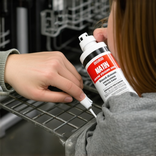 Person using a small brush to apply food-safe sealant on a rusty dishwasher rack in a kitchen setting