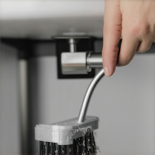 Person cleaning the dishwasher air gap under the sink with a brush and water