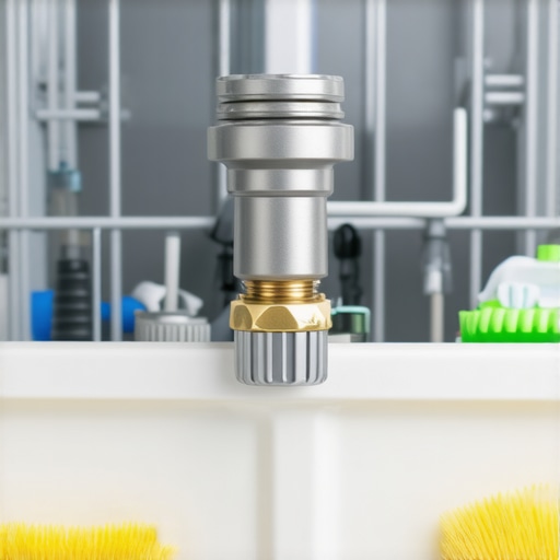 Dishwasher inlet valve after cleaning with mineral buildup visible, next to cleaning tools
