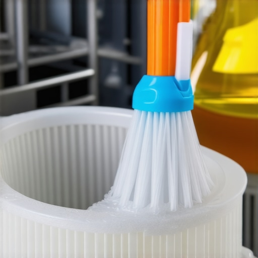 Person cleaning dishwasher filter with brush and vinegar
