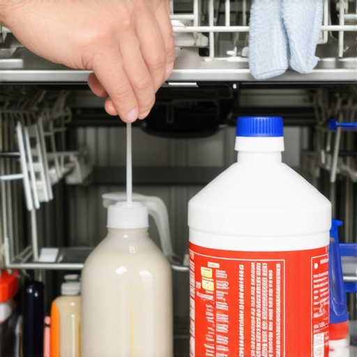 Person cleaning dishwasher door gasket with cloth and vinegar.