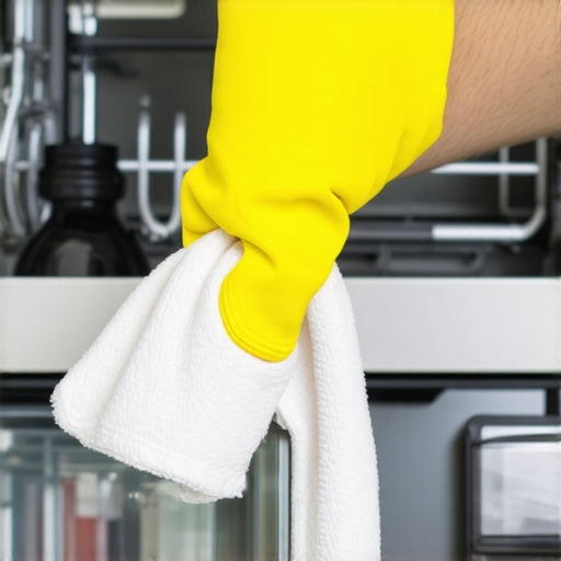 A hand wiping a dishwasher rubber gasket with vinegar and cloth.