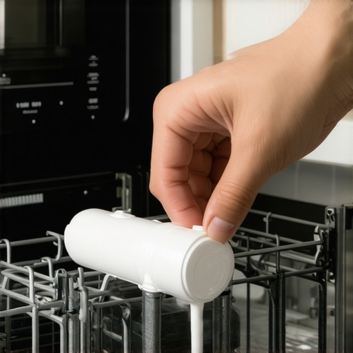 Hand cleaning dishwasher turbidity sensor with a cotton swab in a kitchen setting.