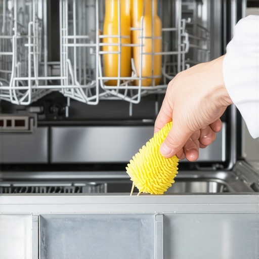 Person using toothbrush and vinegar to clean dishwasher spray nozzles
