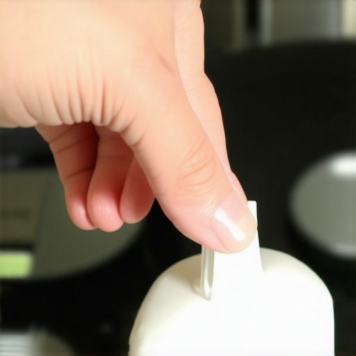 Person using a paper clip to clear a clogged dishwasher spray nozzle