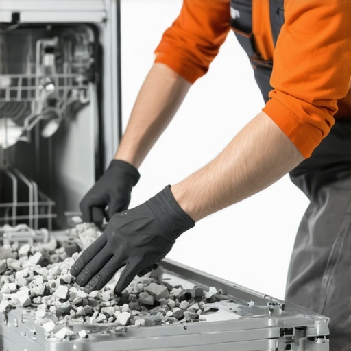 Person removing dishwasher sump cover to remove debris and clogs