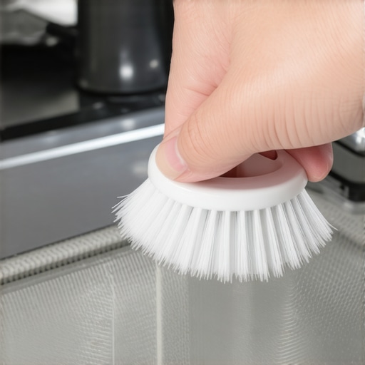 Person cleaning dishwasher filter with brush in kitchen