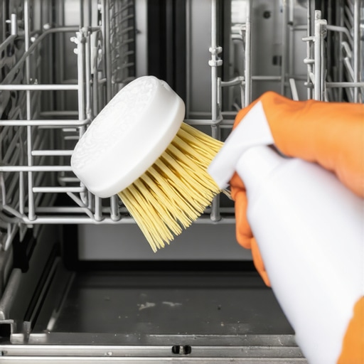 Cleaning dishwasher filter with vinegar and brush Person cleaning dishwasher filter with brush and vinegar spray