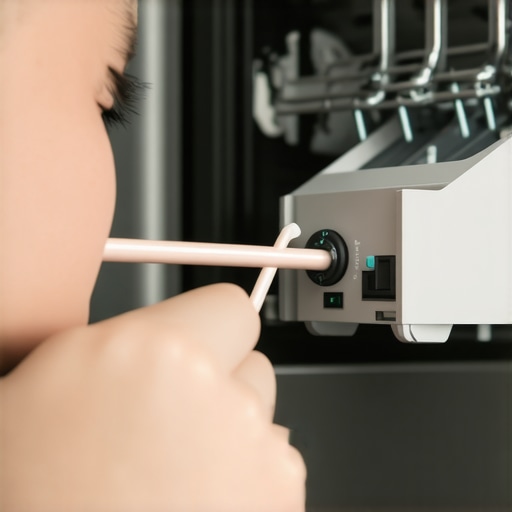 Person carefully blowing into a dishwasher pressure switch port using a straw, demonstrating a DIY cleaning method.