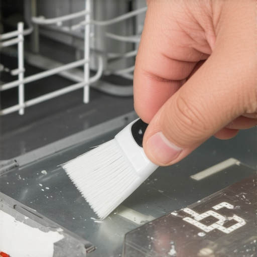 Person using a brush and screwdriver to clean the dishwasher's air gap on a kitchen counter