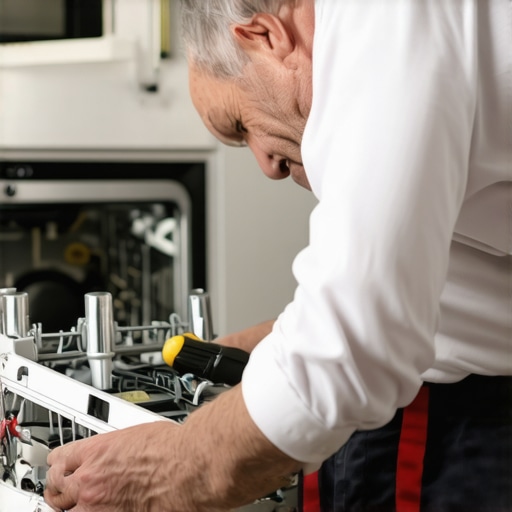 Homeowner inspecting and troubleshooting a dishwasher