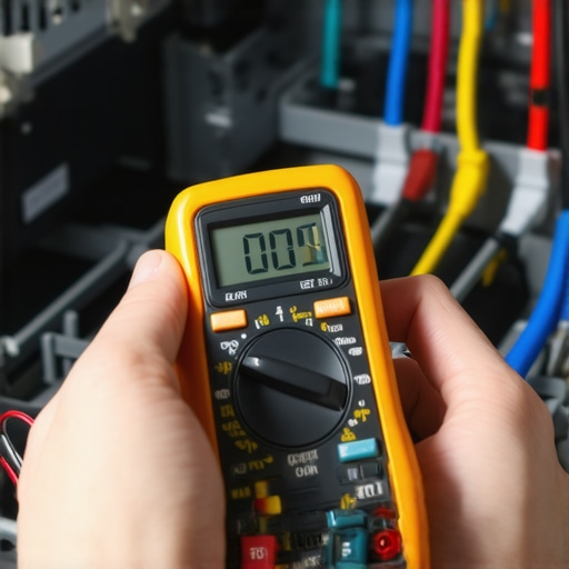 Tech enthusiast testing appliance wiring with a multimeter for maintenance