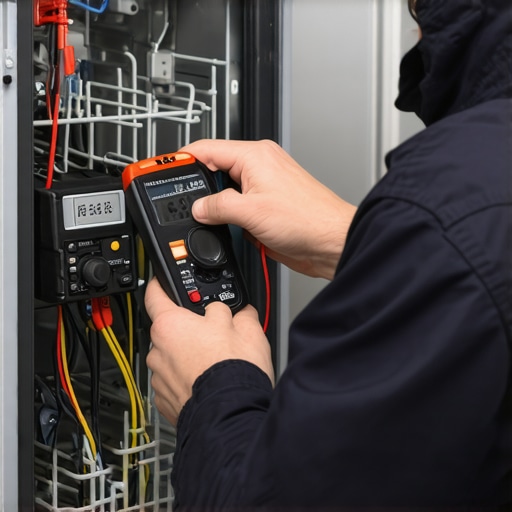 Technician testing dishwasher heating element with a multimeter for warranty diagnosis.