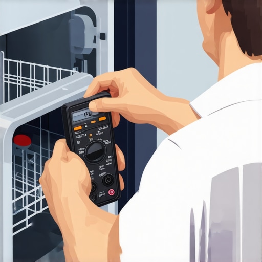 Tech inspecting dishwasher water temperature and electrical components with tools.