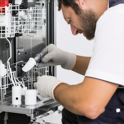 Technician inspecting dishwasher drain pump and hoses during maintenance.