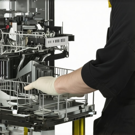 Technician examining dishwasher hoses and door seal for leaks.