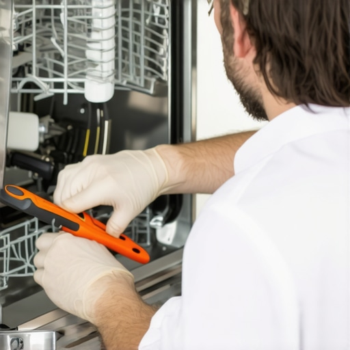 Technician checking dishwasher spray arms and filters for debris and clogs.