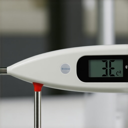Thermometer measuring dishwasher rinse water temperature.