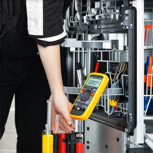 Technician diagnosing dishwasher electrical components with a multimeter