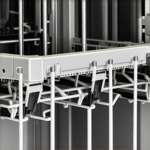 Detailed image showing a clean, aligned dishwasher rack with shiny wheels and smooth tracks.