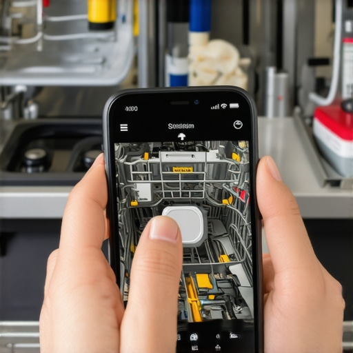 A smartphone capturing clear close-up images of a dishwasher's internal parts during troubleshooting.