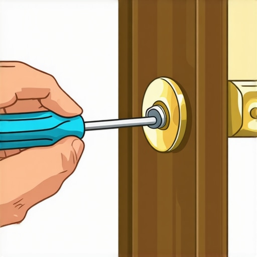 Step-by-step illustration of tightening a door handle screw with a screwdriver