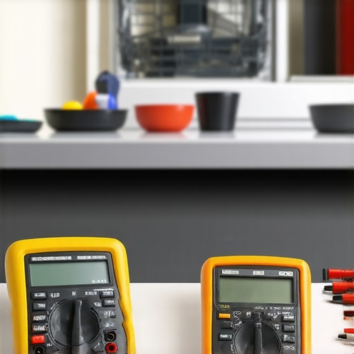 Close-up of a multimeter and voltage tester used by a homeowner diagnosing a dishwasher component.