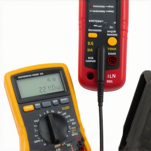 Multimeter and non-contact voltage tester in use for appliance diagnostics.