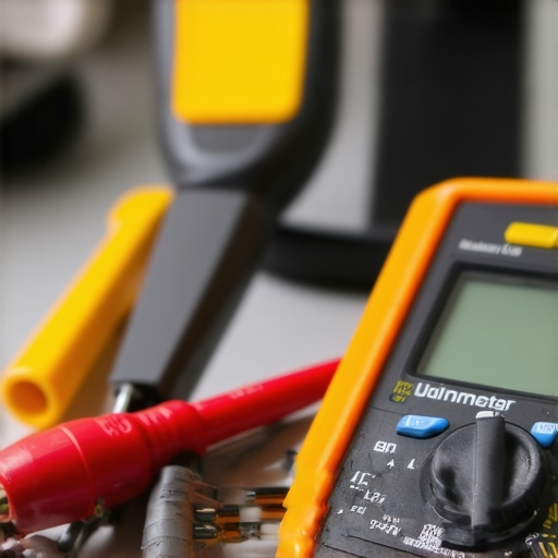 A multimeter testing dishwasher wiring, surrounded by cleaning brushes and spare parts.