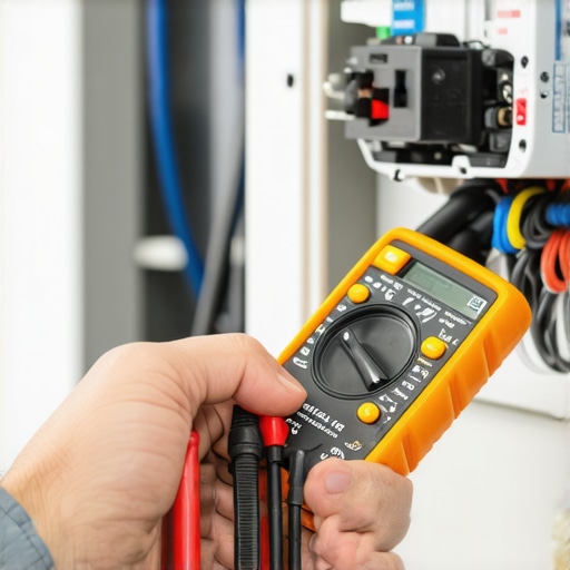 A technician's hand using a multimeter to test a dishwasher relay switch during repair