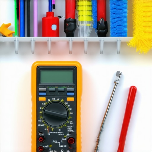 A multimeter and cleaning brushes used for appliance diagnostics and maintenance.