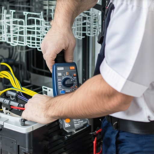 Technician using a multimeter to diagnose dishwasher wiring during maintenance.