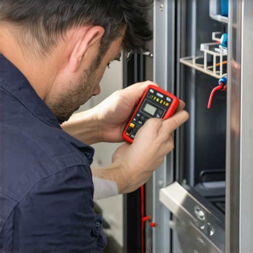 Technician diagnosing dishwasher components with multimeter and thermometer