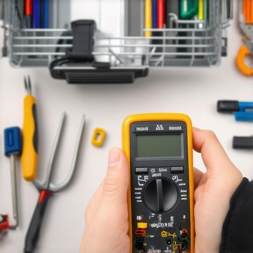 Person using a multimeter to test dishwasher wiring with toolbox nearby.