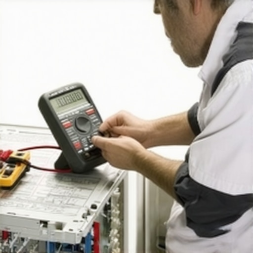 Technician testing dishwasher wiring with multimeter in a repair shop.