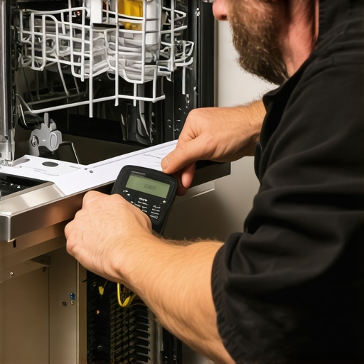 Technician diagnosing a dishwasher using various tools and testing equipment