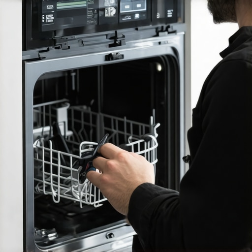 Professional inspecting dishwasher control board with diagnostic tools.