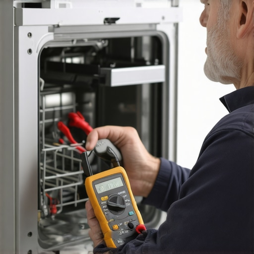 Person testing dishwasher control board with multimeter for troubleshooting