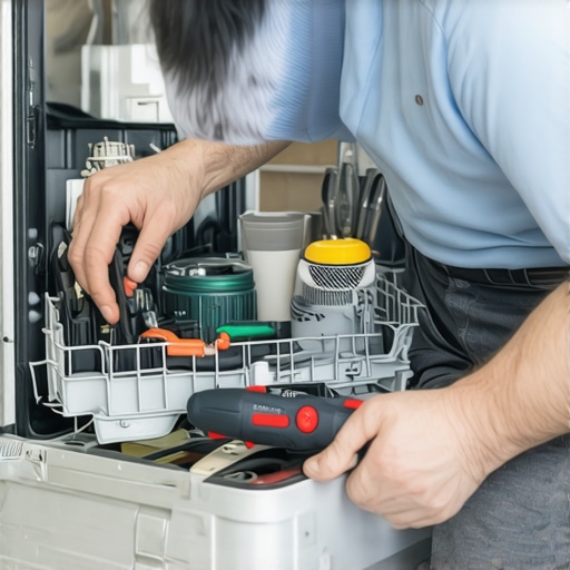 Person inspecting dishwasher parts with diagnostic tools