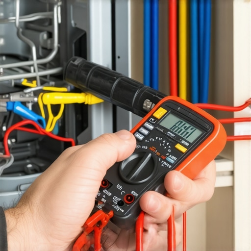 A person holding a multimeter probes on a dishwasher's heating coil to diagnose electrical issues.